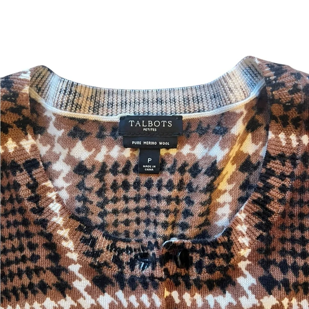 Talbots Petites 100% merino‎ wool black and brown patterned cardigan.